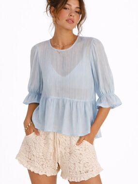 American Bling NWT Size S Blue Sheer Blouse Romantic Boho Peplum Summer Top